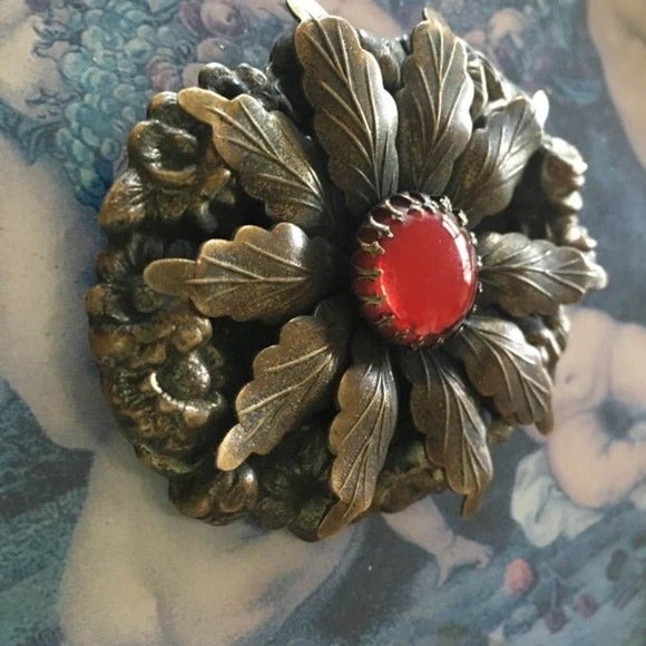 HTF Antique Art Nouveau Red Vauxhall Glass Bohemian Czech Repousse Brass Brooch - Picture 4 of 12